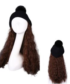 Womens Black Winter Knit Hat with Light Brown Synthetic Long Curly Corn Wave Hair Attached Wig Cap