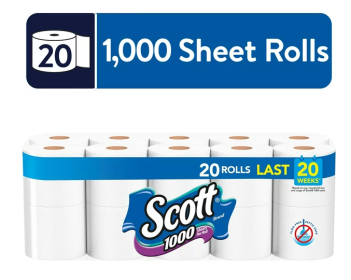 Scott 1,000 Toilet Paper, 20 Rolls, 1,000 Sheets per Roll